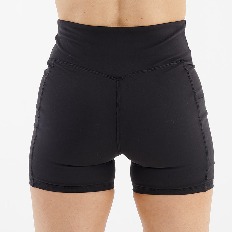 Back view of a woman wearing recycled micro shorts
